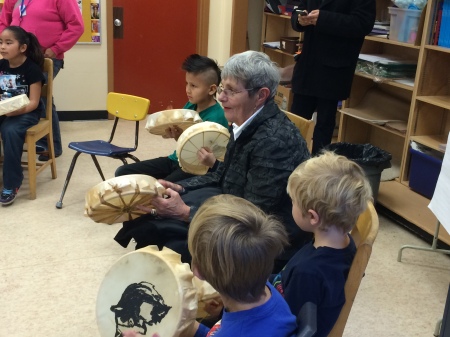 Cariboo-Chilcotin MLA Donna Barnett joined in the drumming action in Teacher Lorene Fennell's class.
