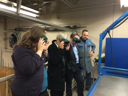 At Lake City Secondary's Columneetza Campus, Teacher Tim Westwick displayed the school’s CNC Plasma cutter to Minister Bernier, MLA Barnett, and Board of Education Chair Tanya Guenther. 