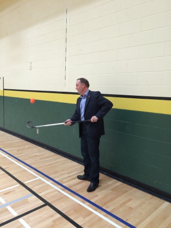The Minister even had a chance to show off his ball hockey skills during a quick impromptu visit to PSO teacher Sean Glanville’s PE class in the newly renovated gymnasium.