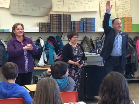 At the last stop of the day, 100 Mile Elementary teacher Sally Morgan’s Grade 6/7 French Immersion class asked the Minister some prepared questions about his job and some educational issues they are facing. Like all of the other administrators involved in the day, Principal Donna Rodger (centre) was a very gracious host.