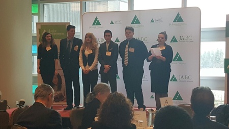 LCSS students Chloe Storoschuk, Taylor Nolin, Carrie Rojas, Ty Feldinger, Nathan Snowball and Emerson Wiebe present at the 2016 Junior Achievement BC Innovation Jam recently in Vancouver. 